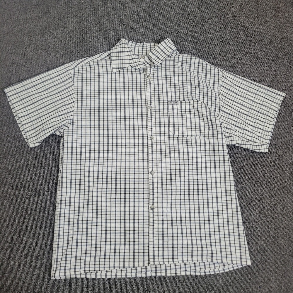 CalTop Large Plaid Button Up Shirt Mens Short Sleeve White Blue Made in USA